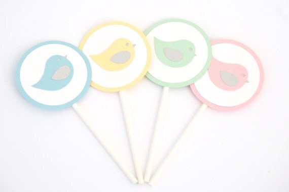Set of 12 Baby Shower Decoration Gender Neutral Bird Cupcake Toppers, Pastel Baby Shower Il_570xn