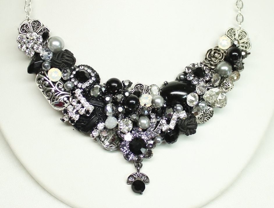 Black Bib Necklace Black Statement Necklace Vintage jewelry