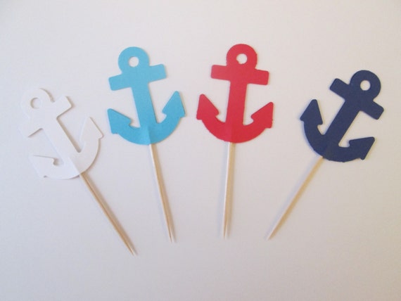 Anchor Picks- Navy, Red, White and Aqua- Nautical Party, Nautical Anchors, Anchor food picks Il_570xn