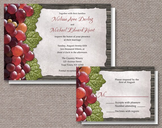 Rustic Winery Wedding Invitations and RSVP - Printed or Printable - Red Grapes Leaves and Wood Il_570xn