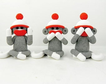 Three Wise Sock Monkeys See No Evil Speak No Evil Hear No Evil Polymer Clay