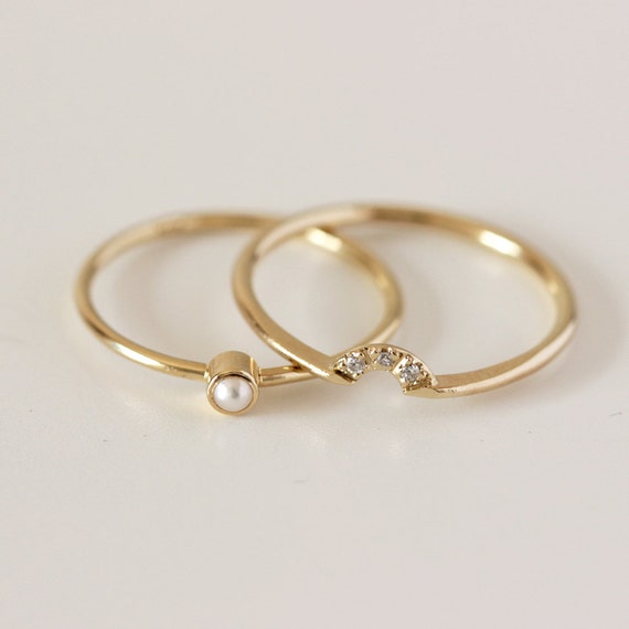Wedding Set - Pearl Ring  Diamond Crown Ring - 14k Gold