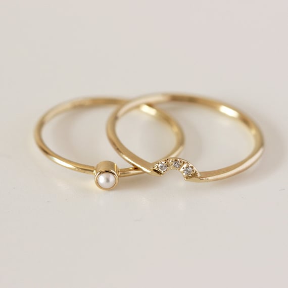 Wedding Set - Pearl Ring  Diamond Crown Ring - 14k Gold