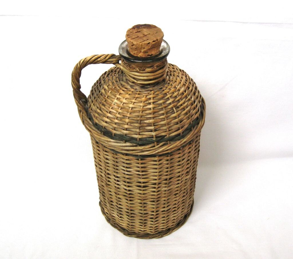 Vintage wicker covered carboy Glass bottle Demijohn