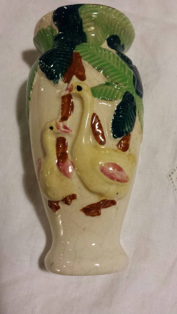Vintage 50s Made in Japan Ceramic Wall Pocket Vase with Palm