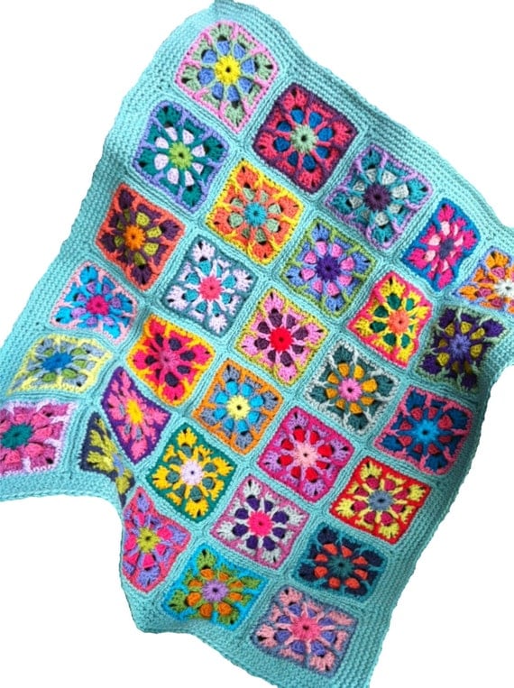 Crochet baby blanket crochet baby afghan granny square handmade baby blanket, combo 1 colours, seafoam border, MADE TO ORDER