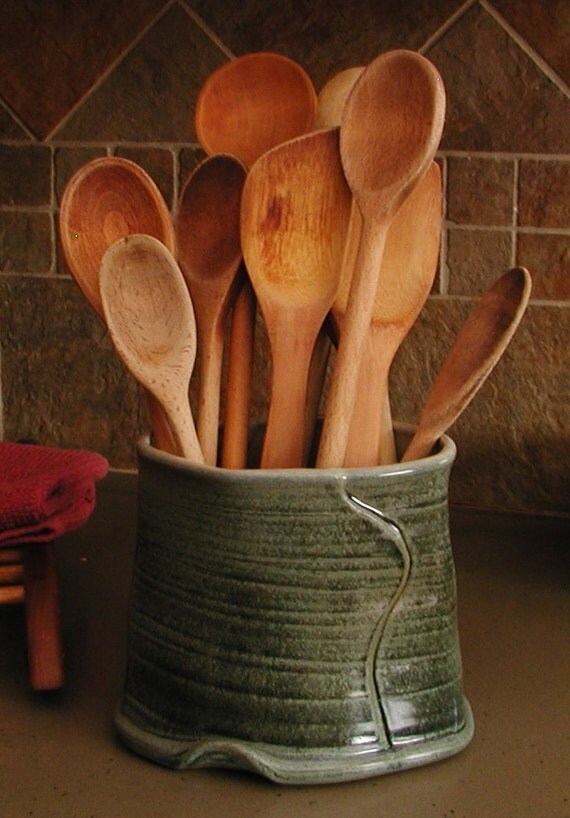 Utensil Holder/Vase Blue/Green Glaze Asymmetrical Rectangle