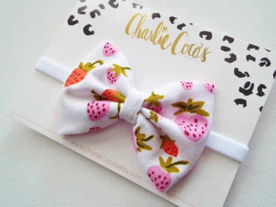 Baby/Girls Jersey Knit Bow Headband- White and Pink Strawberry Bow with White Headband, Strawberry Bow Headband by Charlie Coco's