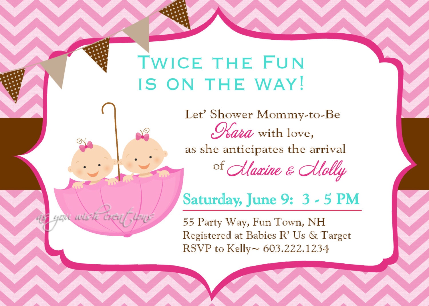 Umbrella Twins Baby Shower Invitation Chevron Twins Shower