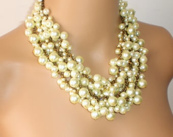 Pearl Bib Necklace, Bridal Bib Necklace, Ivory and Brass Pearls Statement Necklace, Pearl Bib Necklace,