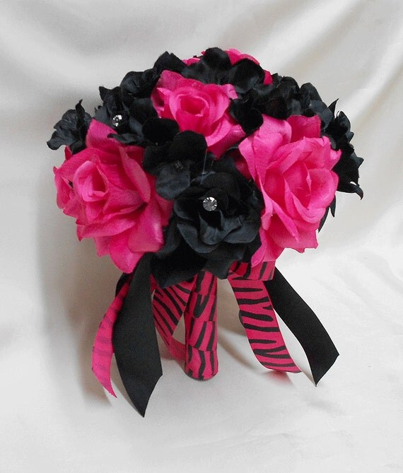Wedding Silk Flower Bridal Bouquets Fuchsia Black Zebra Print