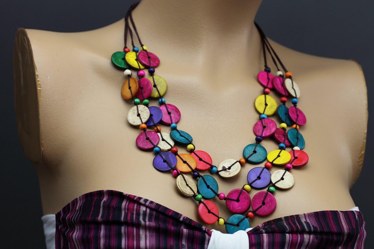 Coconut shell Necklace Multi Color Wooden Bead Necklace