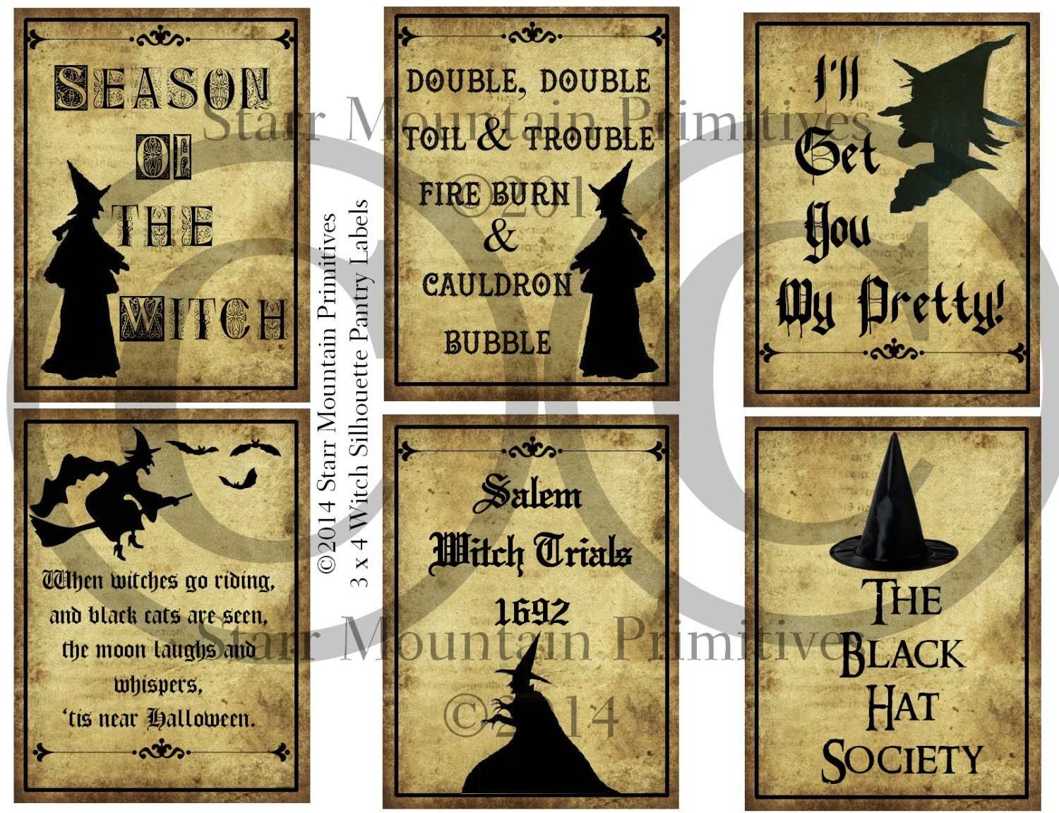 Primitive Witch Halloween Hang Tags – Set Of 8, Linen Cardstock, Samhain Decor, ACEO Size