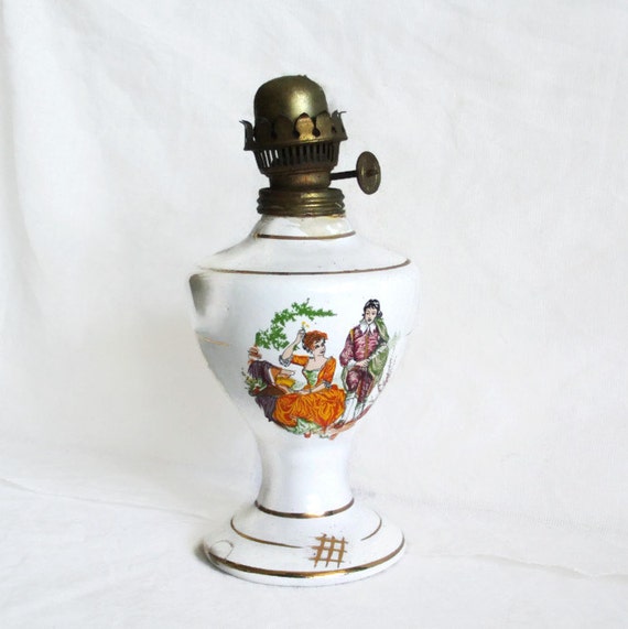 Vintage Kerosene Lamp Courting Couple Ceramic Bottle Oil