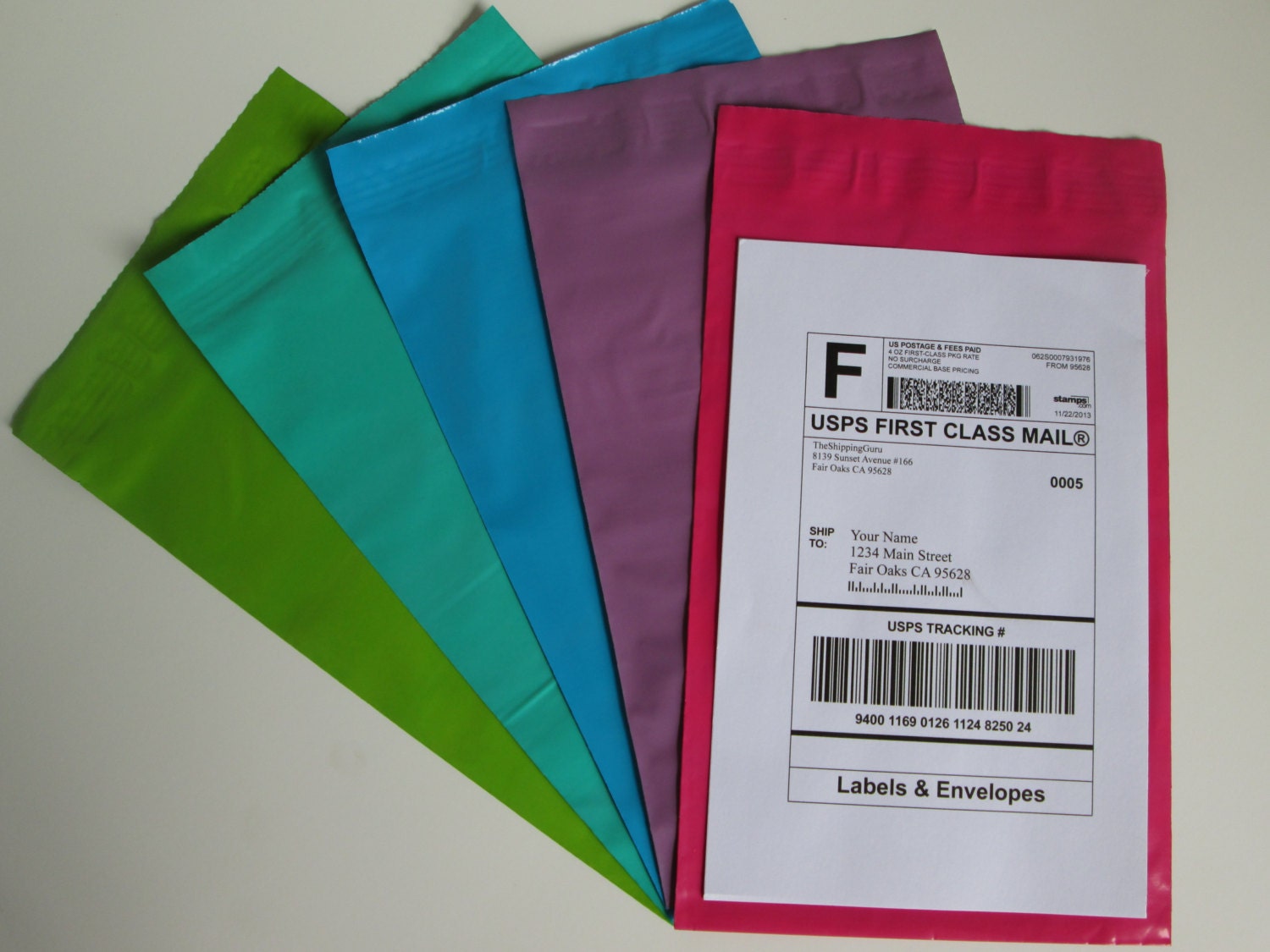 100 Labels & 100 6x9 Colored Poly Mailer Envelopes