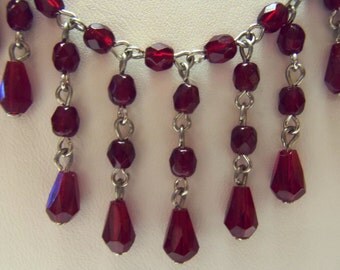 Vintage NOS Red Glass Bead Bib Drop Necklace