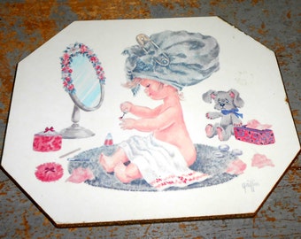 Vintage Wall Plaque, Little Girl, Griffin, Print, Wall Art, Griffin Print Plaque, Wall Decor, Kitsch