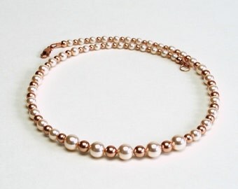 Cream and Rose Gold Pearl Necklace - Swarovski Crystal Pearl Necklace, 18 Inches - Bridal Jewelry - Pearl Wedding Jewelry