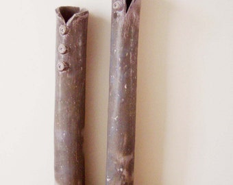 Long tubular vases, handbuilt stoneware vases in grey, with frayed rims and button decoration, unique high fire vases-cylinders, set of two