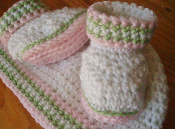 Baby Girls Hat and Booties, Crochet Pattern with Pink and Green Trim