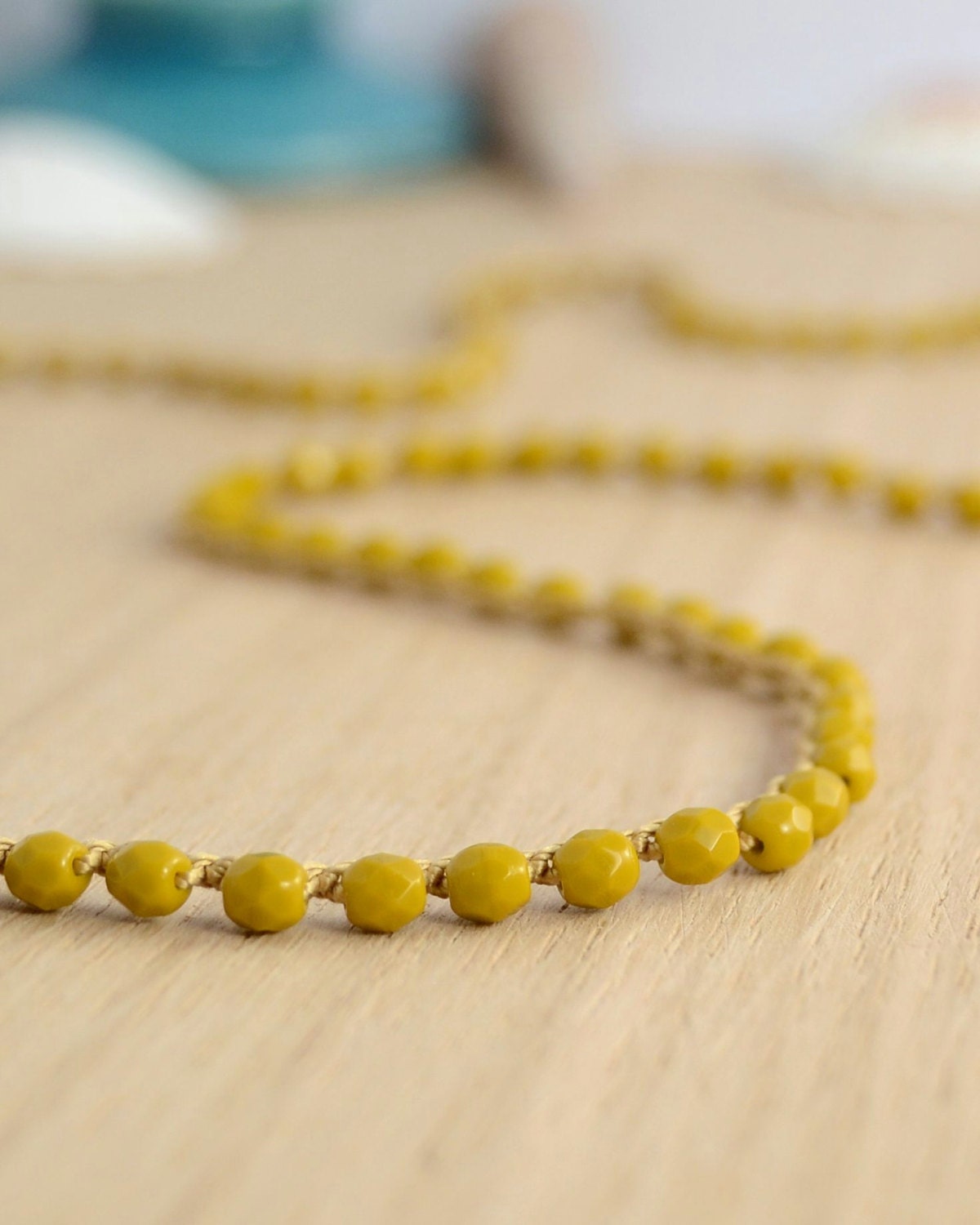 Long beaded necklace. Mustard yellow crocheted jewelry MTO