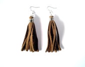 Leather Earrings- Brown Leather- Leather Tassel Earrings- Surgical Steel - Brown Earrings- Fringe Earrings- Dangle Earrings- Fabric Earrings