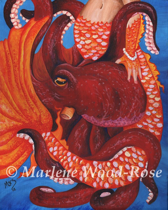 Items similar to 8-1/2” x 10-3/4” Print, Mermaid Tail & Octopus Artwork ...