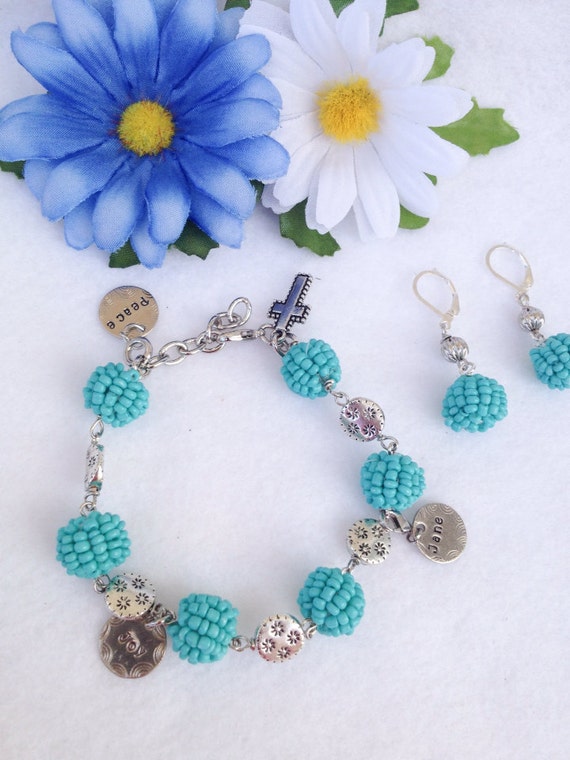 Turquoise Seed Bead Bracelet and Earring Set by StampedWithHope