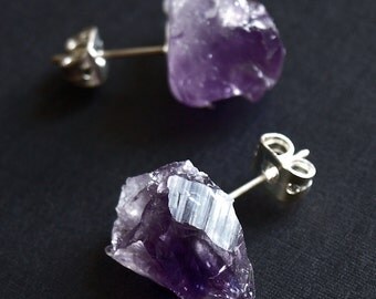 Raw Amethyst Chunk Earrings, Geo Earrings, Rock Stud Earrings, Crystal Earrings
