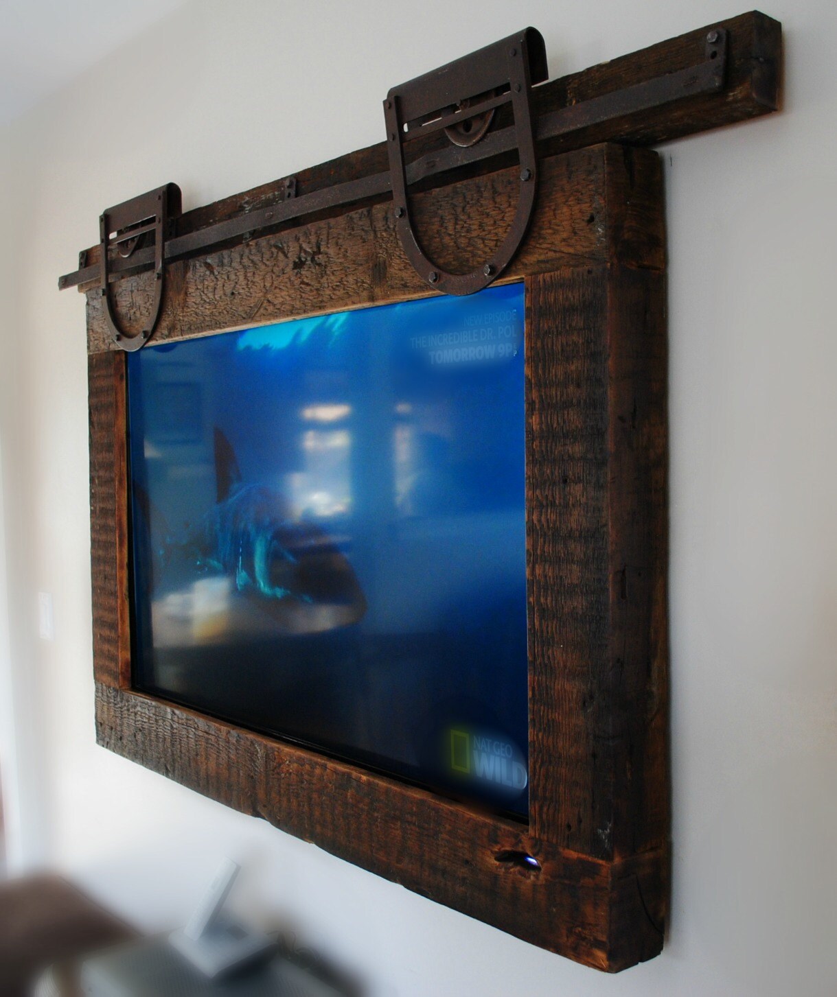 TV Frame Made From Reclaimed Barn Wood and Hardware