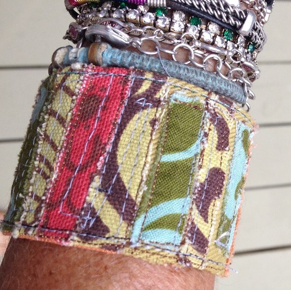Items similar to fabric collage textile art hippie boho cuff on Etsy