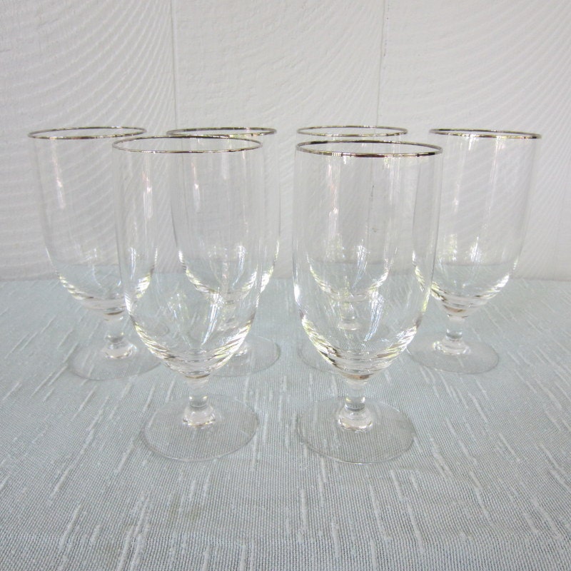 Vintage Fostoria Iced Tea Goblet. Invitation Pattern. Silver Rim Goblets Set of 6. Haute Juice