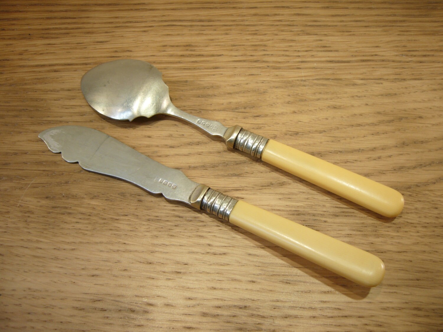 Antique silver plated butter knife and jam spoon with faux
