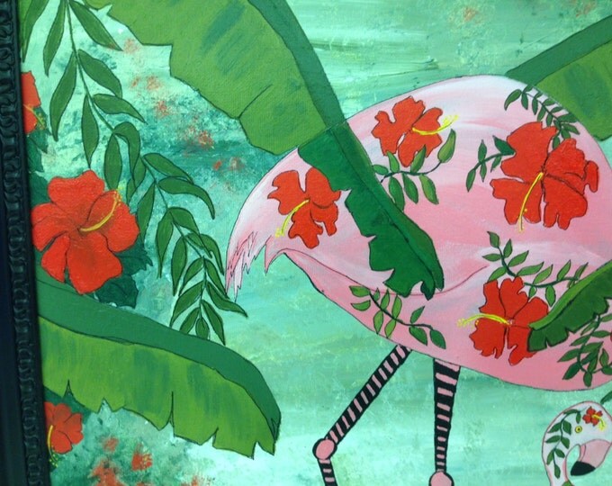 Whimsical Flamingo Mommy and Her Baby Hiding Among the Ferns and Hibiscus