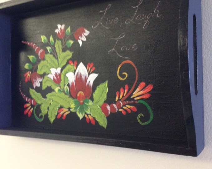 Small Solid Wood Tray for Wall Decor - Black with Flowers - "Live, Laugh, Love"