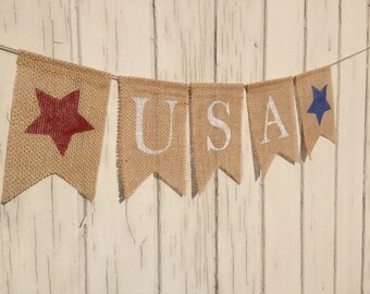 USA Banner, Patriotic Banner, Patriotic Bunting, 4th of July Banner, Patriotic Decor, Burlap Banner, Burlap Bunting Garland, Photo Prop