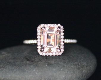 Pink Morganite Rose Gold Engagement Ring in 14k With Morganite Emerald Cut 9x7mm and Diamonds