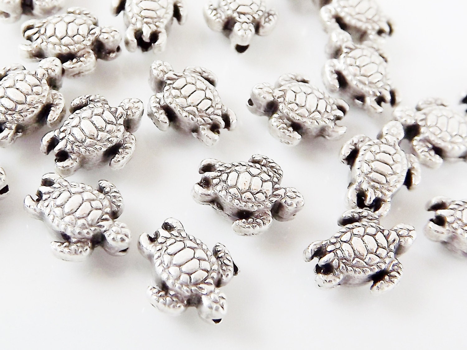 20 Tiny Turtle Bead Spacers Matte Silver Plated