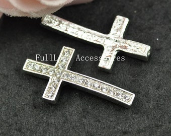 5pcs 17x33mm Silver Plated White Rhinestone Sideways Cross Charms Connectors