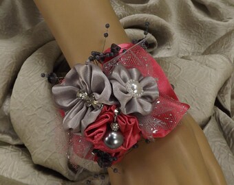 Coral/Salmon and Pewter/Grey Fabric Flower Rhinestone and Pearl Wrist ...