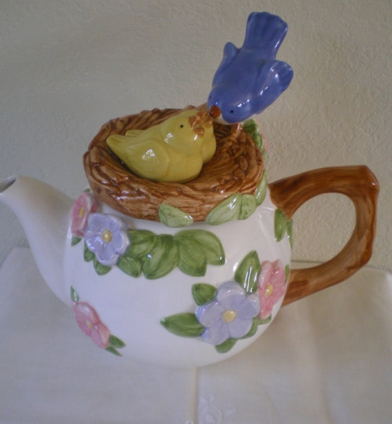 Vintage TeleFlora Birds Nest Teapot Blue by