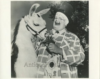 Clown with llama and flowers fun vintage circus art photo