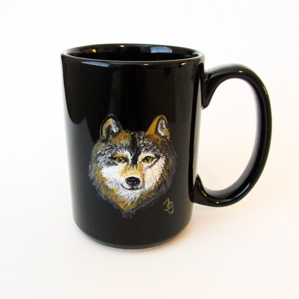 Wolf Coffee Mug Handpainted Black Coffee Cup Wildlife Mug