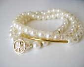 pearl bracelet, set of 3 bracelets, peace sign bracelet, bridal pearl bangle, gold charm bracelet, eco friendly jewelry, vegan pearl