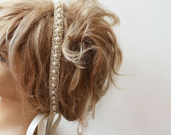 Bridal Pearl Headband, Lace İvory Pearl Head Piece, Wedding Bridal Hair Accessory, Vintage Style, wedding Hair accessory
