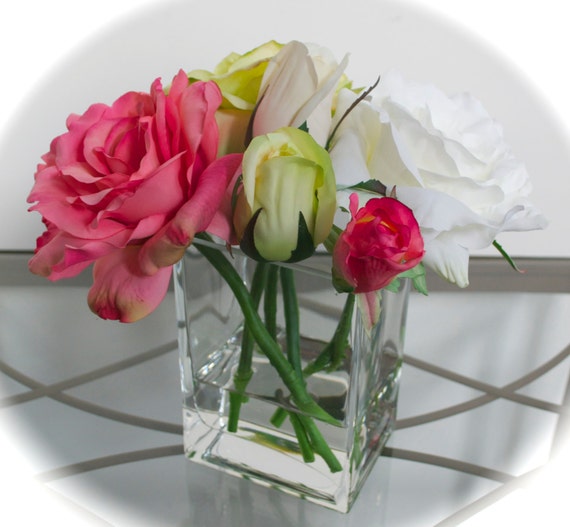Items similar to Mixed Flowers, Silk Flower Arrangement in Glass Vase