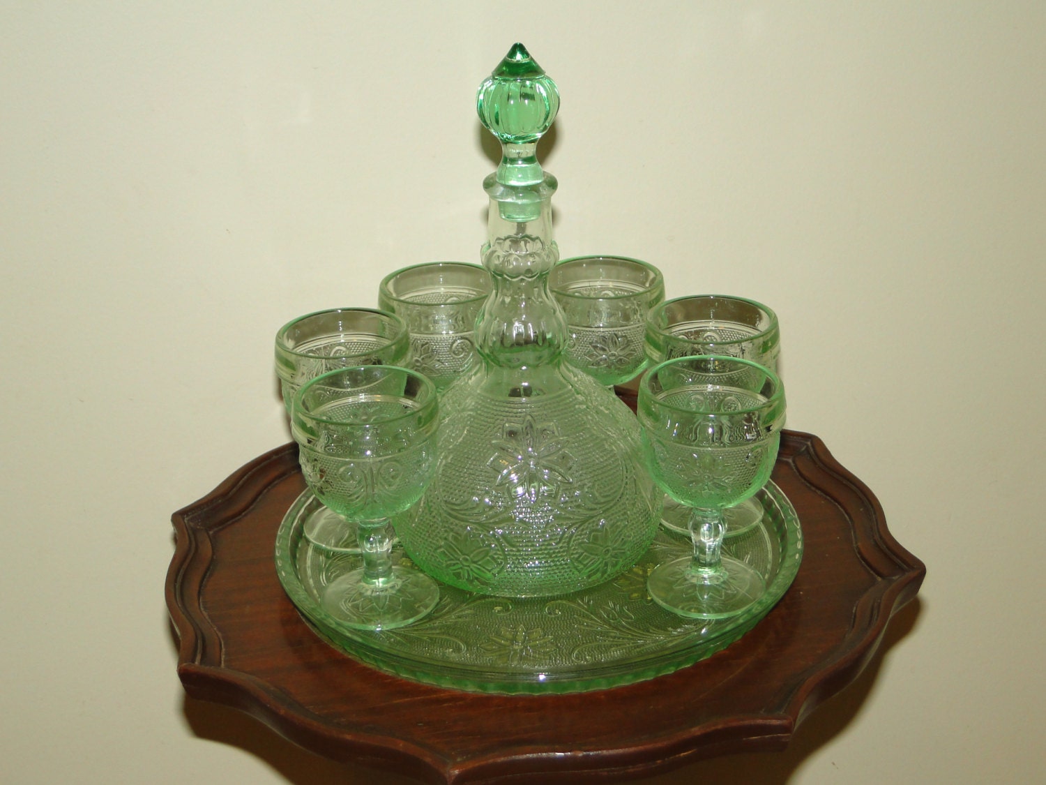 Tiara Green Sandwich Glass Decanter Serving Tray and Six