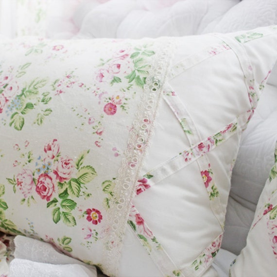 Rose Linen Ruffle Lace Pillow Shams by LovelyDecor on Etsy