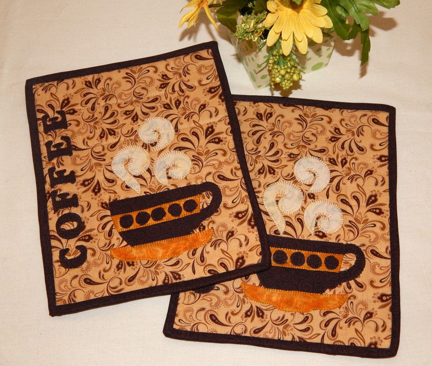 Set of Two Tan Applique Quilted Coffee Mug Rug by QuiltsbyLaTanya