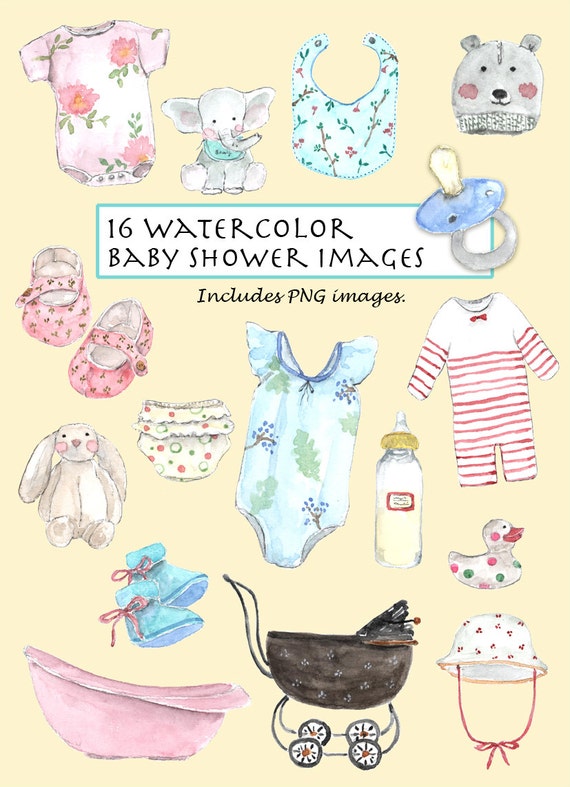 Download CLIP ART Watercolor Vintage Baby Shower Set. 16 Images.